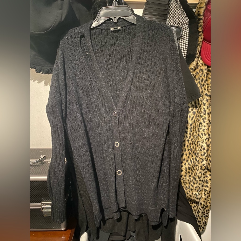 Express Black Women's Sweater with Buttons and Stylized Cut Out at Collar - Picture 6 of 6
